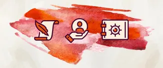 Icons side-by-side: parchment with feather quill, hand holding a person icon, and secure vault over a red watercolor background